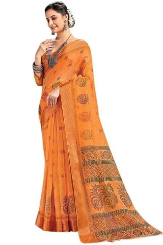 KARAGIRI Womens Cotton Orange Saree With Blouse Piece